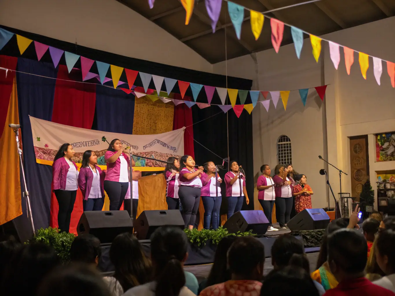 A photograph of a community choir performing at a local festival, with diverse members singing together in harmony. The backdrop is a vibrant and festive atmosphere, reflecting the joy and unity of the event.