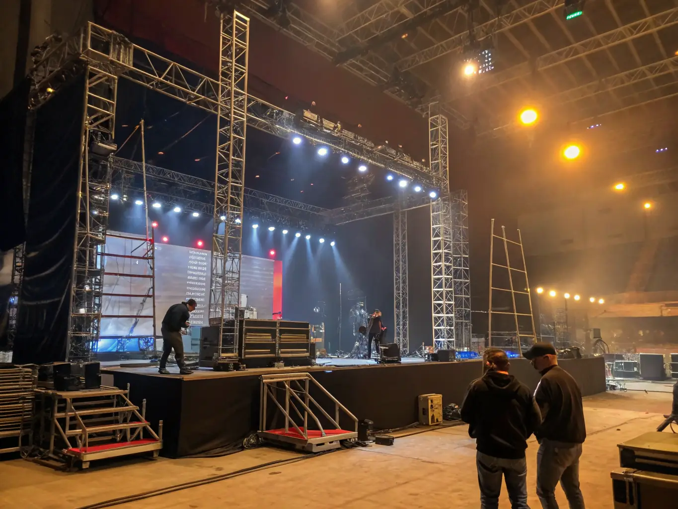 A photograph capturing a behind-the-scenes look at the setup for a concert, highlighting the dedication and hard work of the LES CONCERTS BRIOCHINS team.