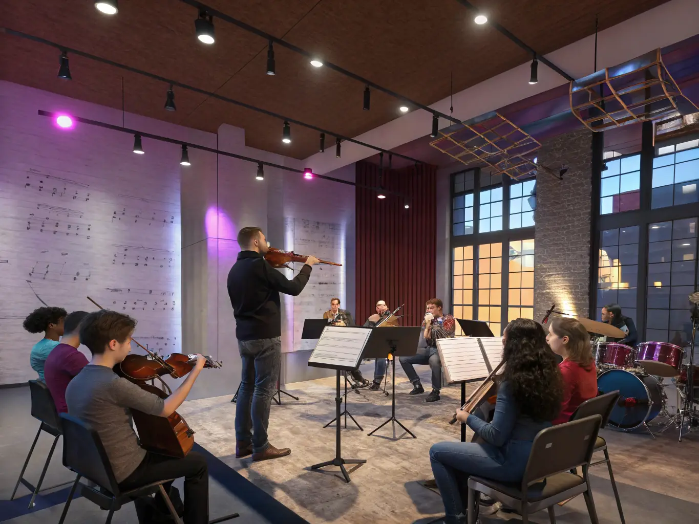 A dynamic image of a youth orchestra rehearsing, with a conductor leading the ensemble. The atmosphere is energetic and collaborative, showcasing the dedication and passion of the young musicians.